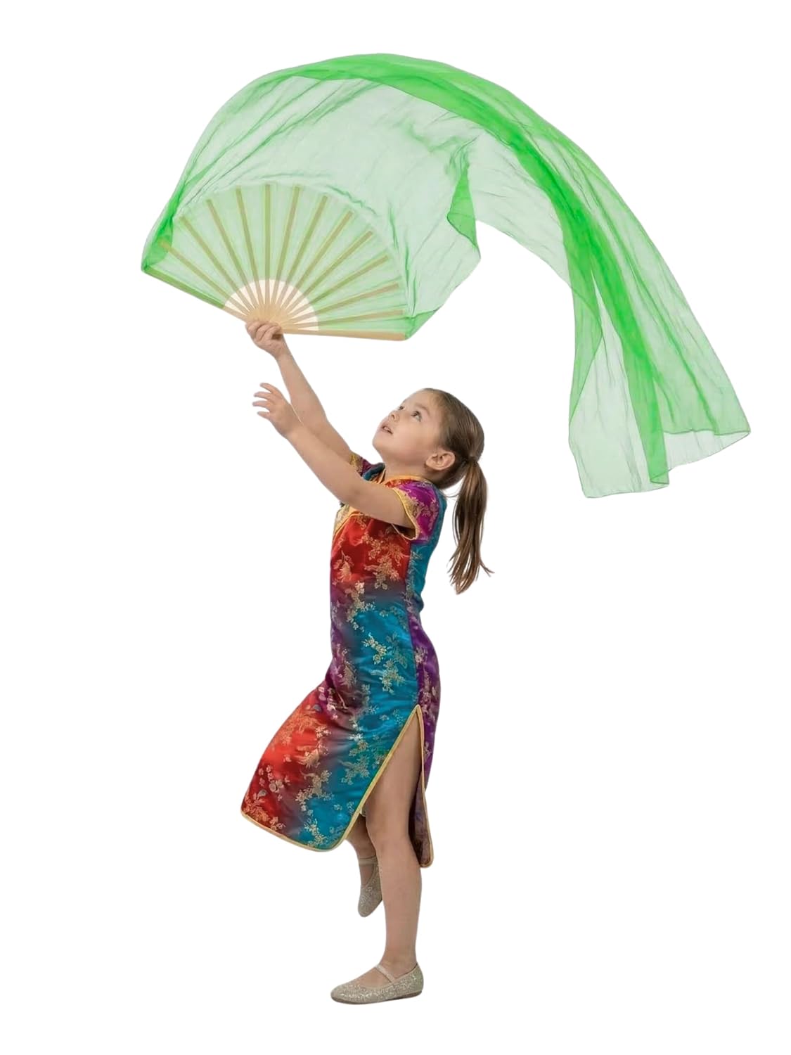 Chinese Dance Fan for Kids, Green Silk Flowing Fan with Bamboo Handle, 4 Feet Long, Stage Performance Prop for Classical, Cultural, Ballet and School Dance, Lightweight Costume Accessory