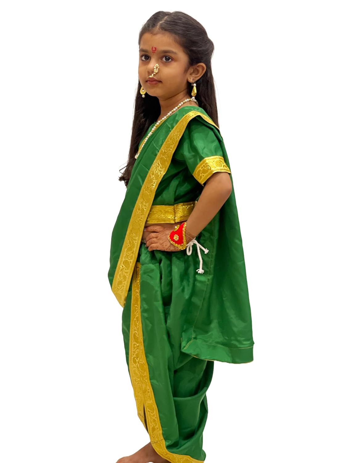 Traditional Marathi Girl Costume for Kids – Green Nauvari Saree Dress with jewellery