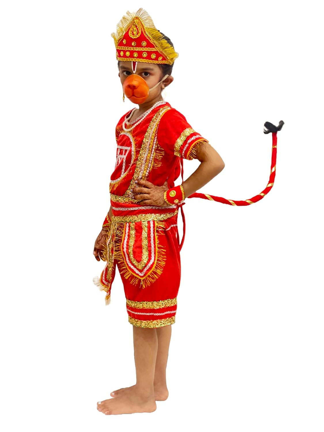 Kids Hanuman Ji Costume Set, Red & Gold Traditional Bjarang bali Dress with Crown, Tail & Mask-Without gada