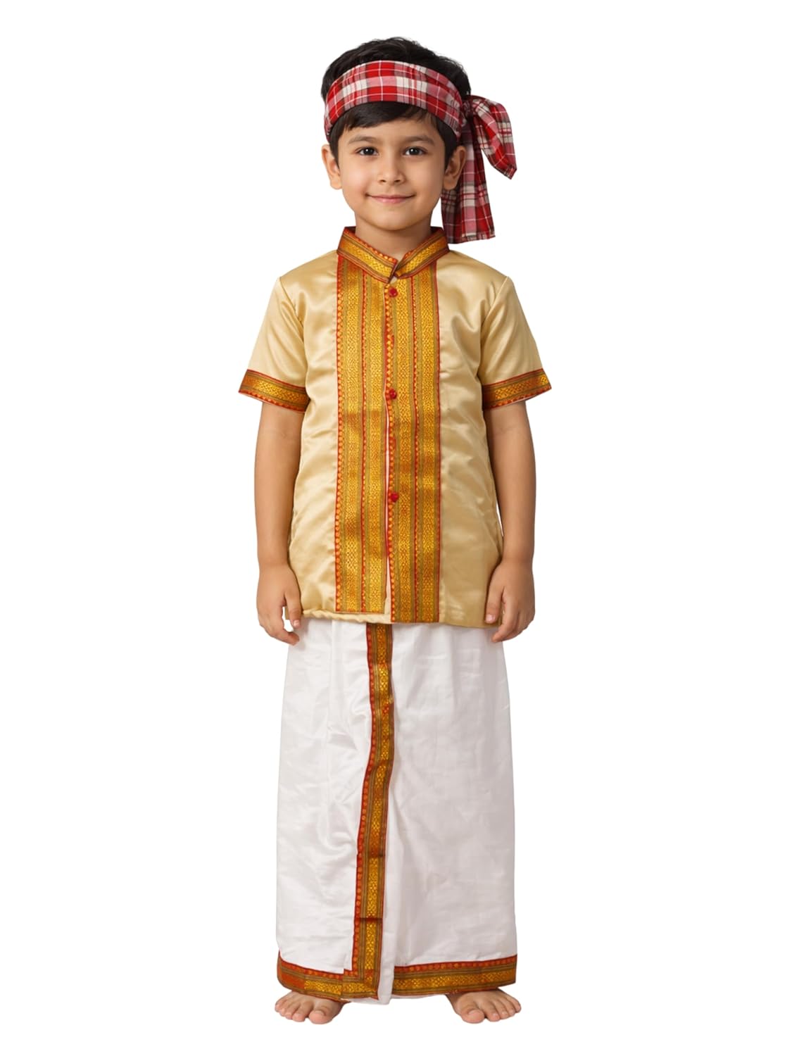 Bihu Costume for Boys, Traditional Assamese Dress, Gold and White Ethnic Wear for Kids