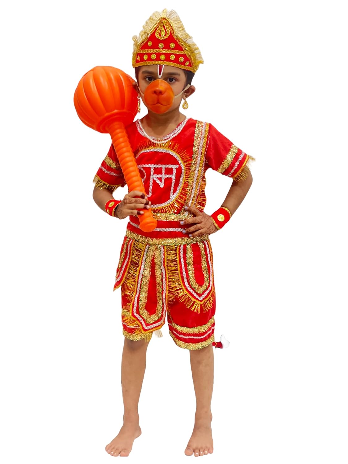 Kids Hanuman Ji Costume Set, Red & Gold Traditional Bjarang bali Dress with Crown, Tail & Mask-With gada