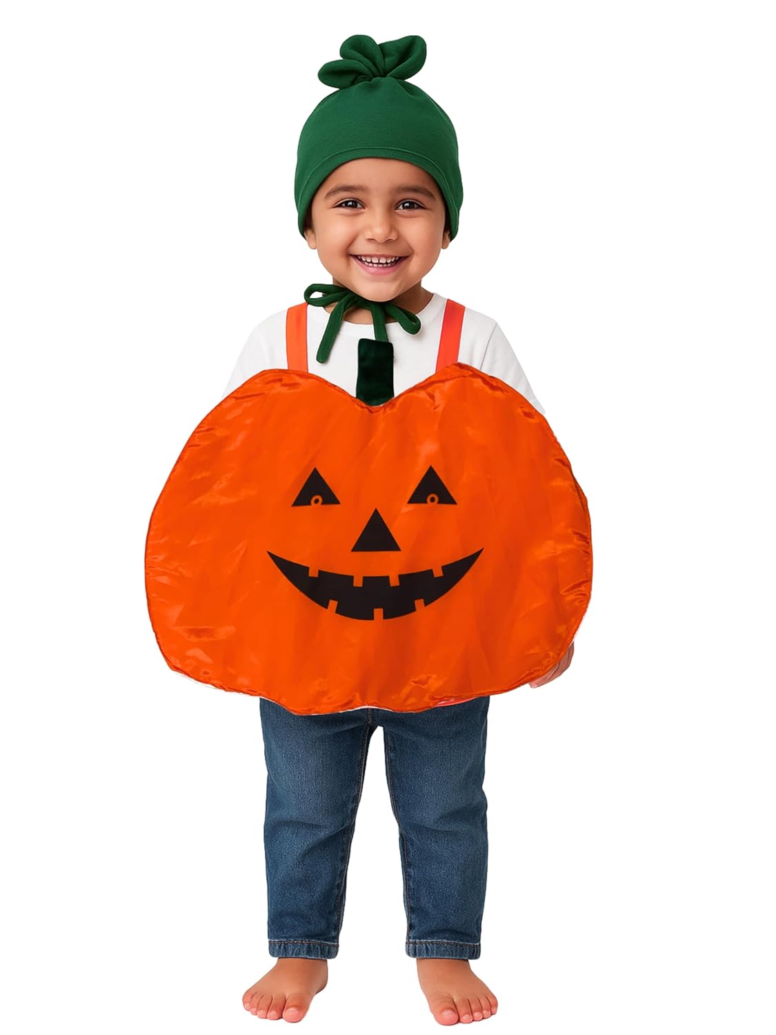 Halloween Pumpkin Costume Cutout with Green Leaf Cap for Kids | Jack-O’-Lantern Dress for Fancy Dress, School Events & Halloween Party