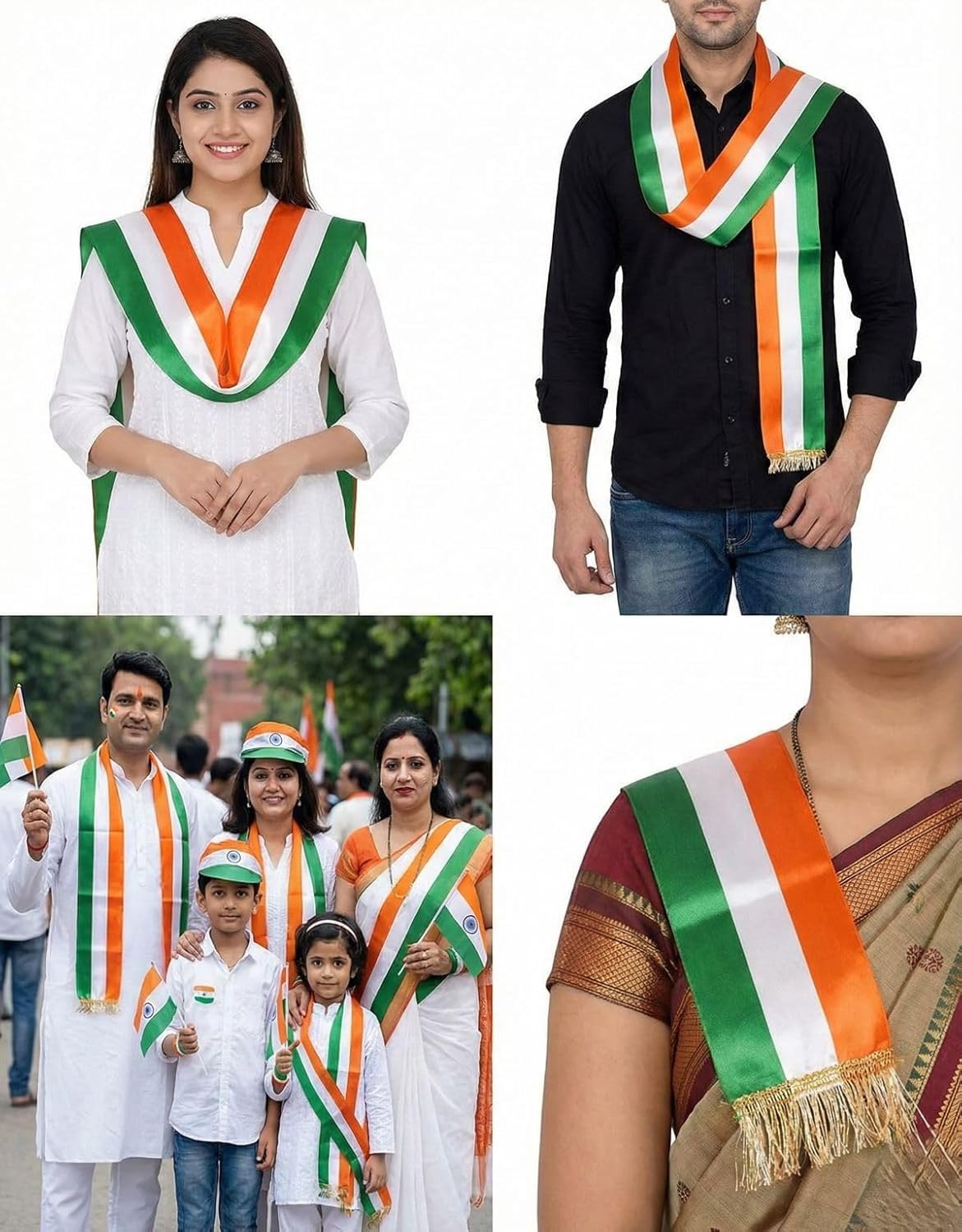 Tiranga Tricolor Sash for Kids & Adults | Indian Flag Tricolour Patta for Independence Day, Republic Day, School Functions, Patriotic Events | Satin Fabric with Golden Fringe