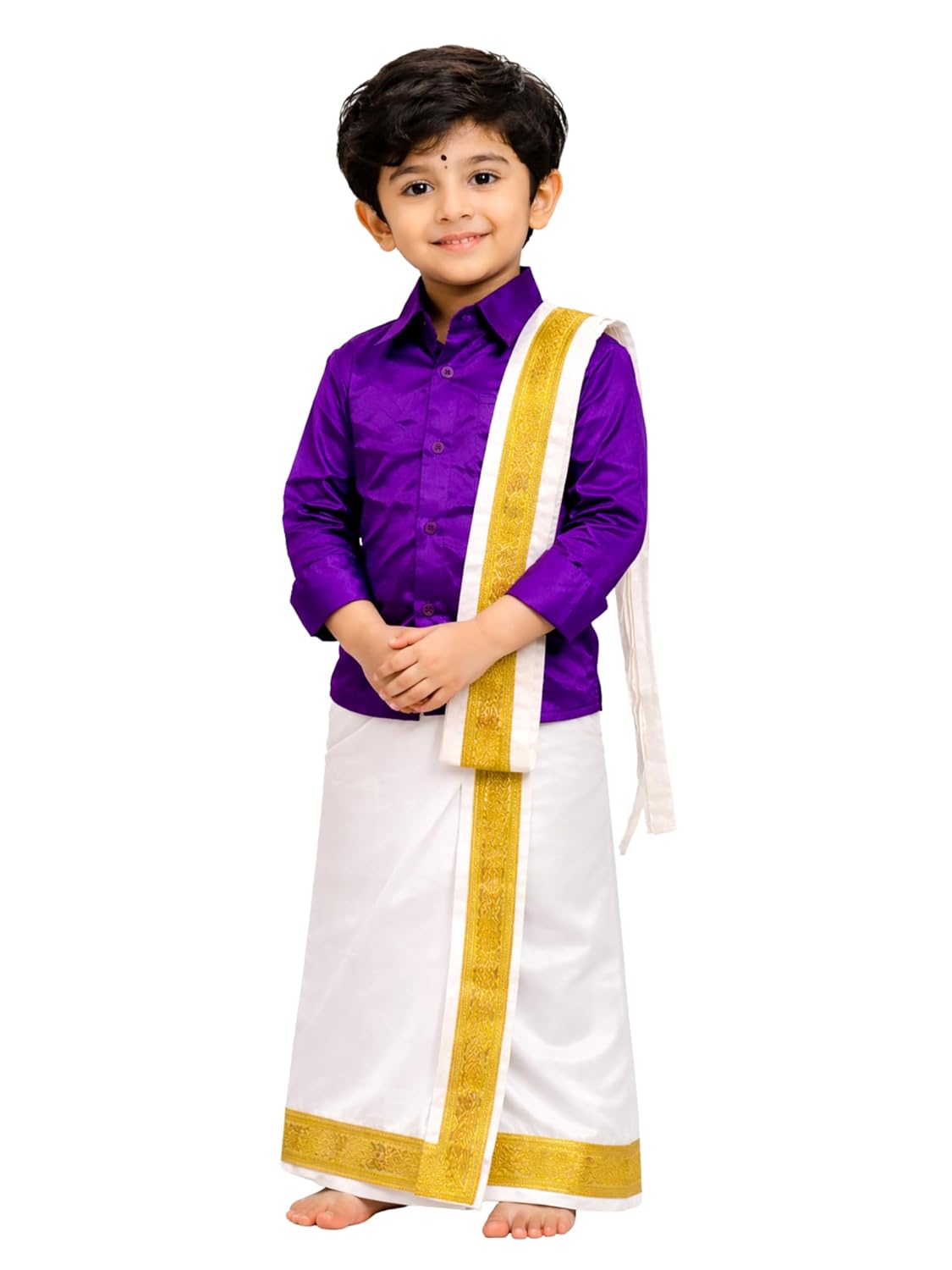 South Indian Traditional Boy Costume, Purple Silk Shirt with White Dhoti and Golden Border, Temple Wear Festival Fancy Dress for Kids