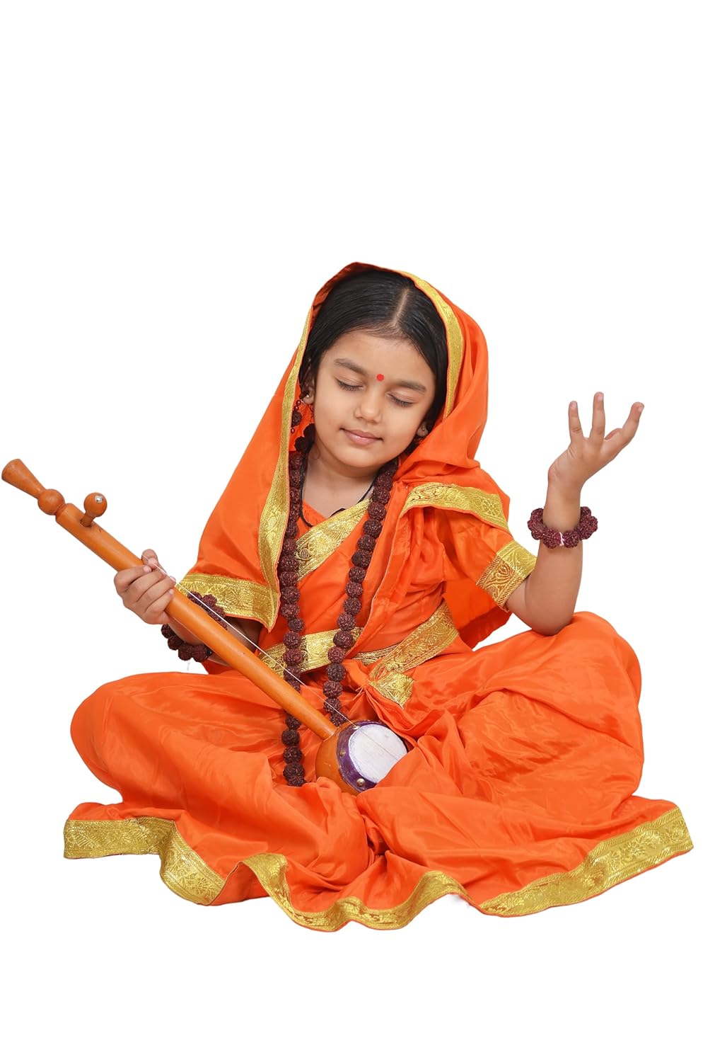 Meera Bai Costume for Kids Readymade Sari & Blouse Set with Rudraksh Jewelry & Sitar