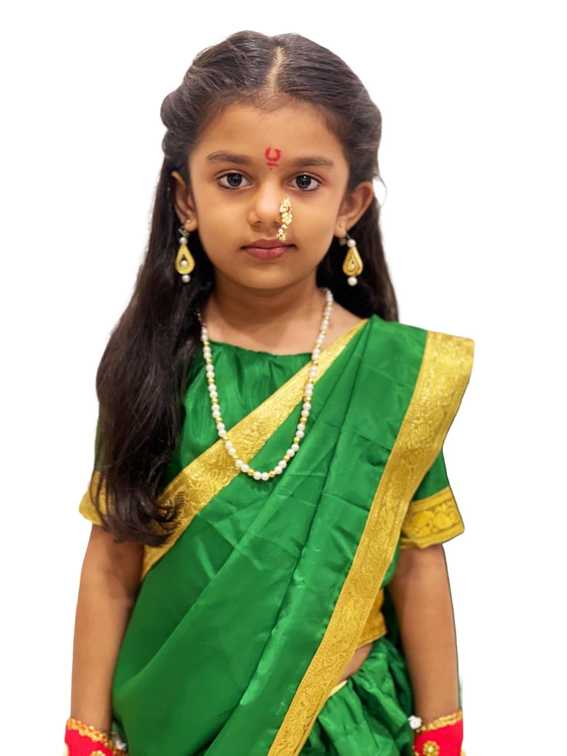Traditional Marathi Girl Costume for Kids – Green Nauvari Saree Dress with jewellery