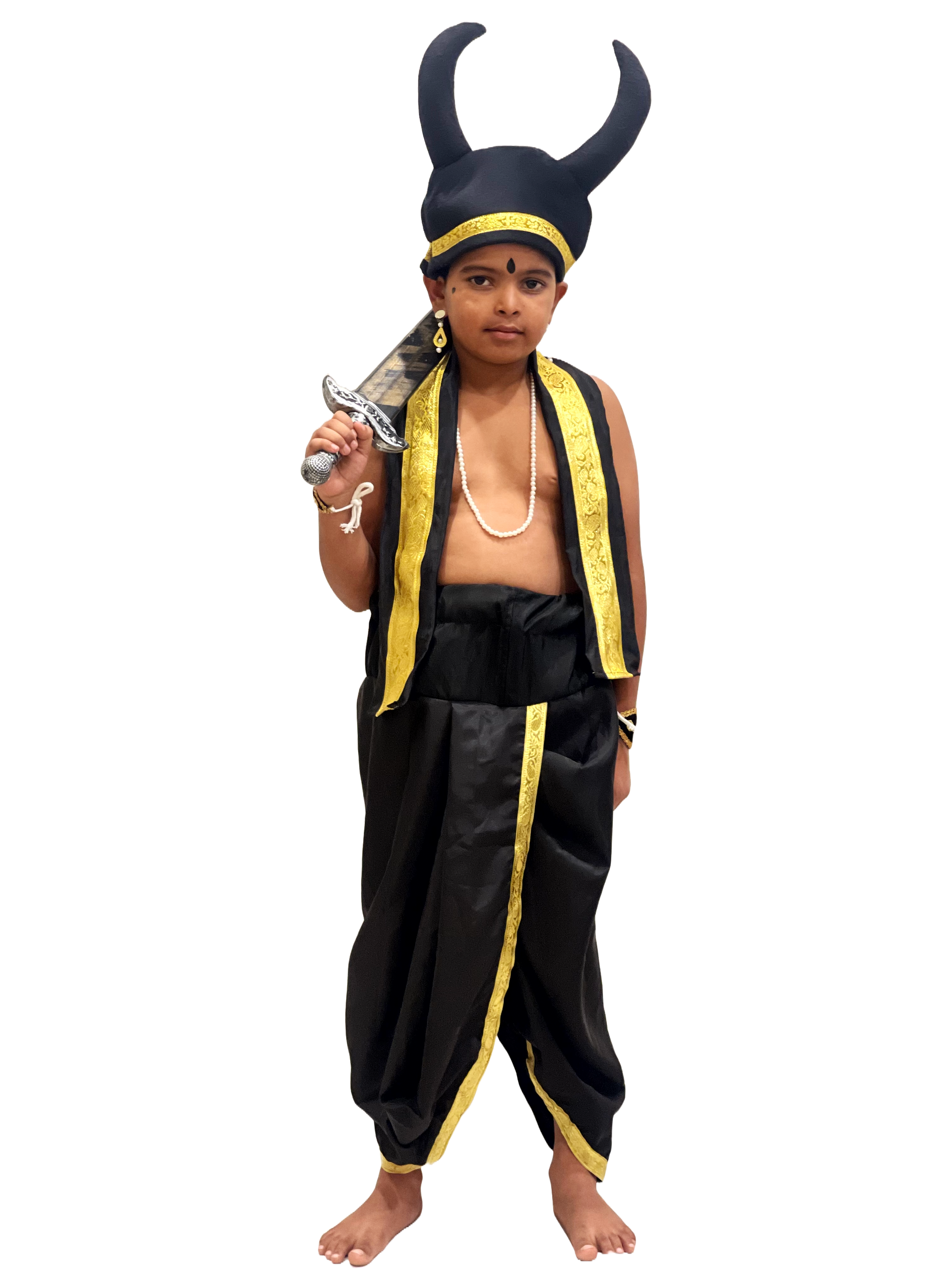 Asur Fancy Dress Costume for Kids | Black & Gold Traditional Rakshasa Outfit with Horn Headgear & Farsa