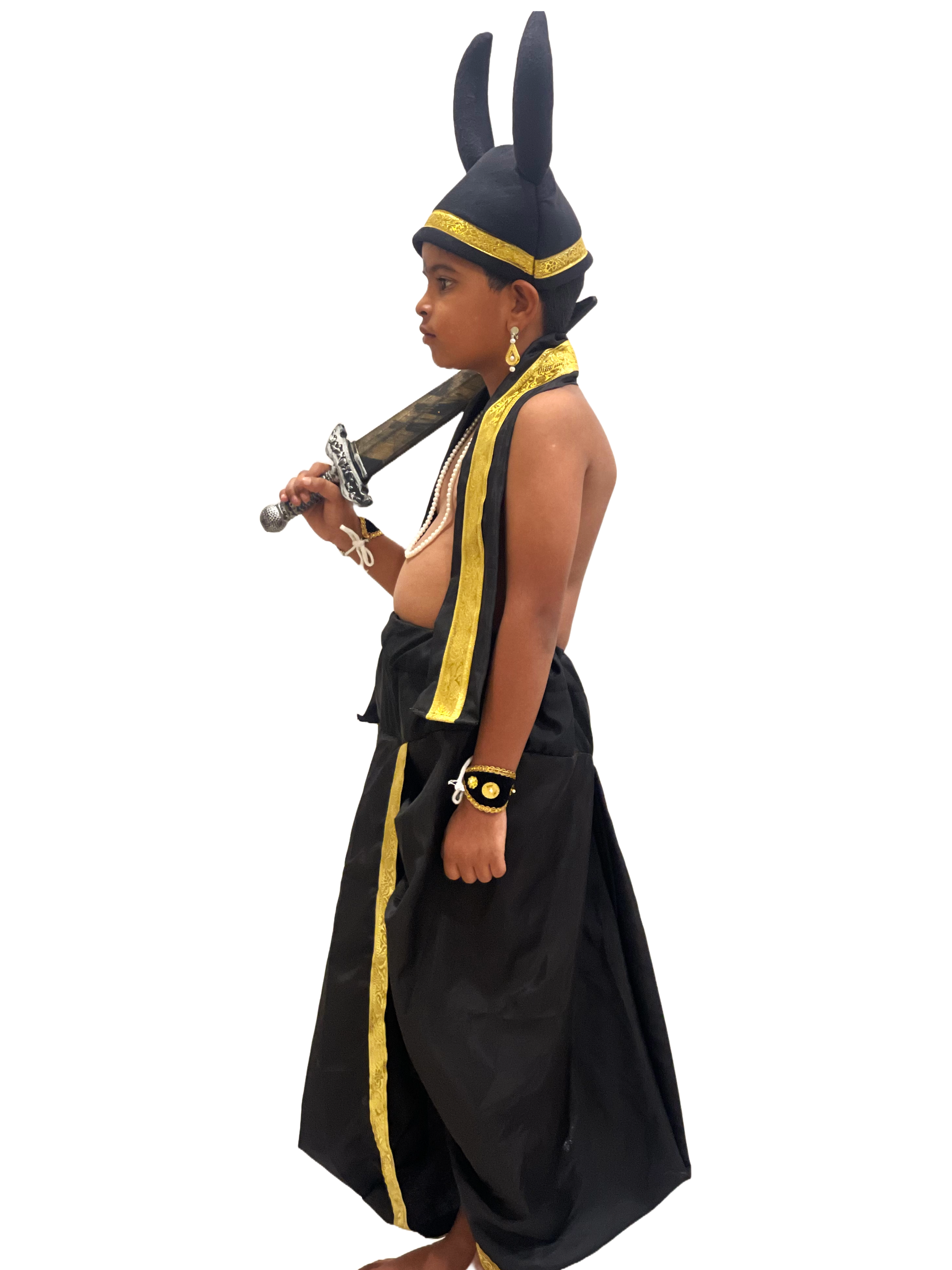 Asur Fancy Dress Costume for Kids | Black & Gold Traditional Rakshasa Outfit with Horn Headgear & Farsa