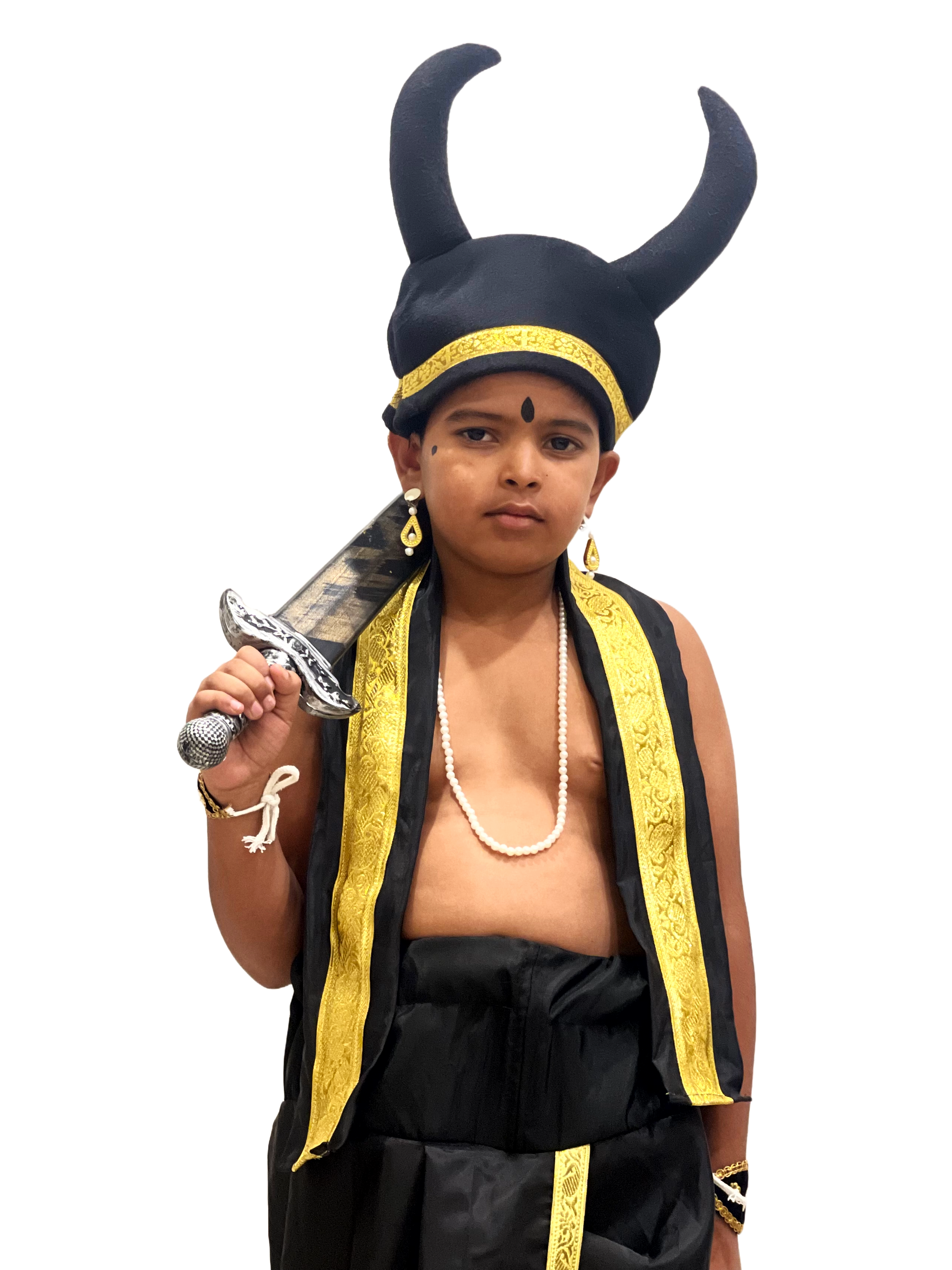 Asur Fancy Dress Costume for Kids | Black & Gold Traditional Rakshasa Outfit with Horn Headgear & Farsa